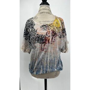 ROMEO & JULIET Studded Paisley All Over Print Smocked T-shirt Blouse  LARGE